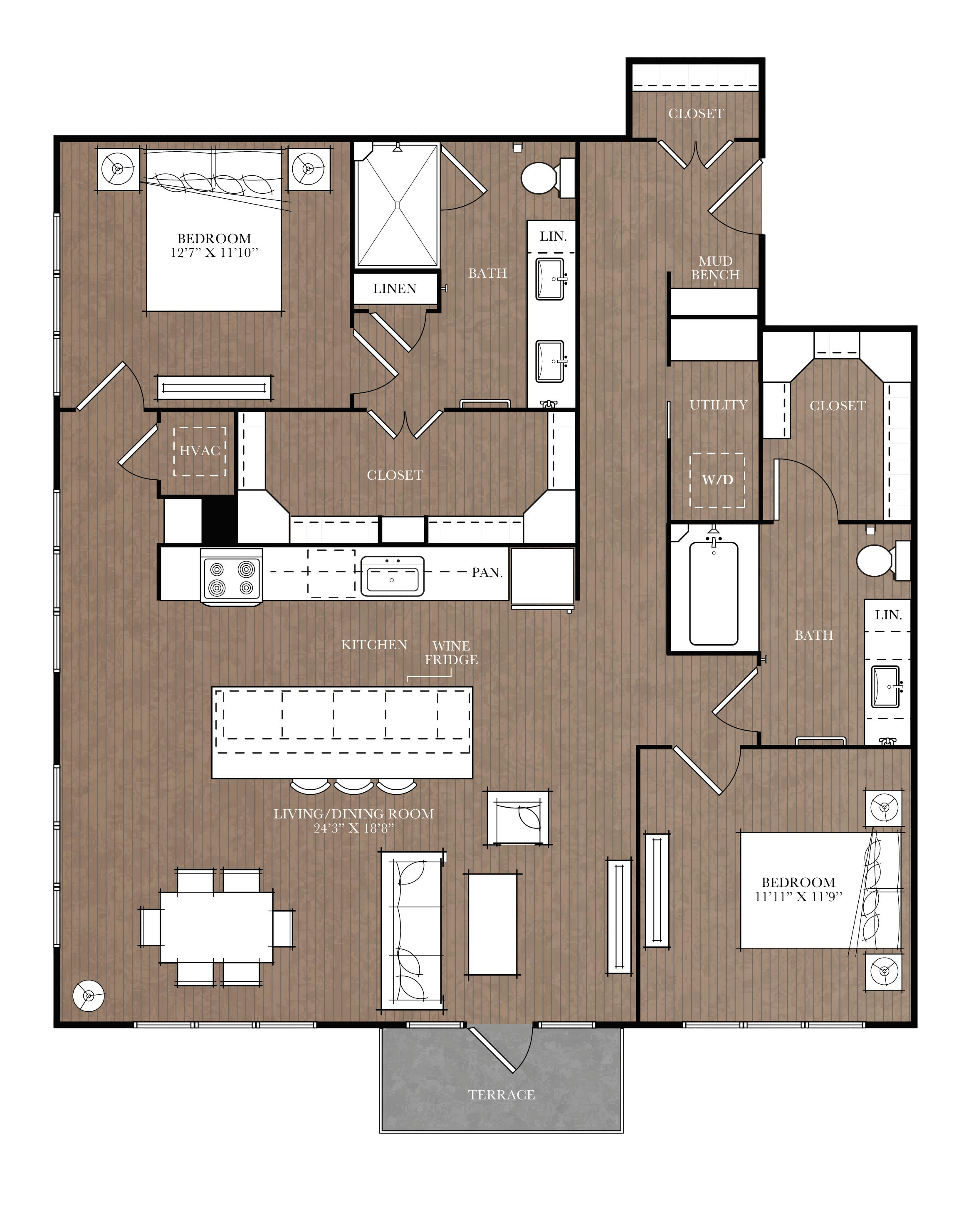 Floor plan for 2 beds, 2 baths, 1329 sqft